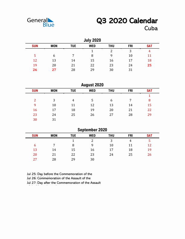 2020 Q3 Calendar with Holidays List for Cuba