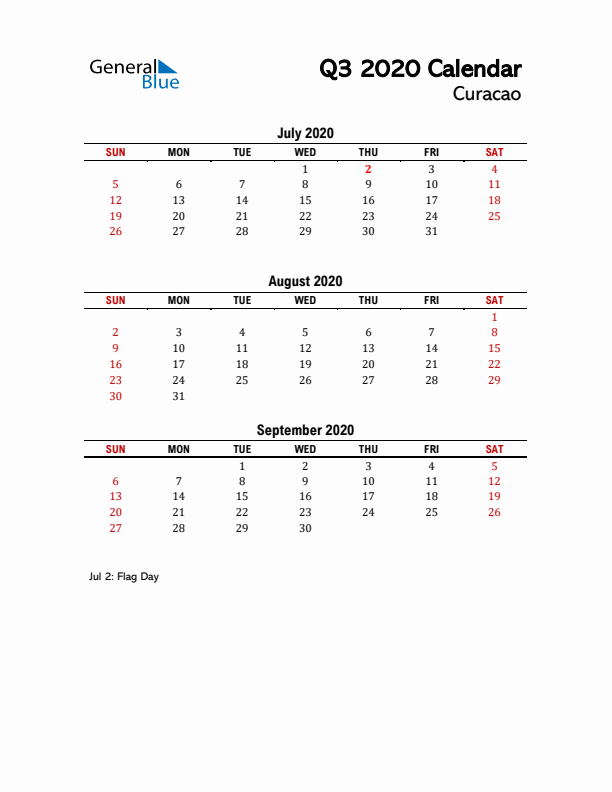 2020 Q3 Calendar with Holidays List for Curacao