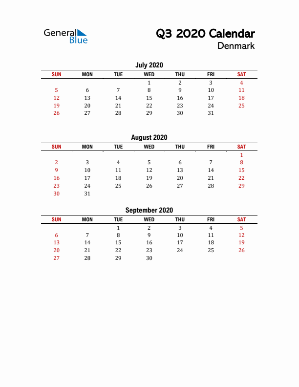 2020 Q3 Calendar with Holidays List for Denmark