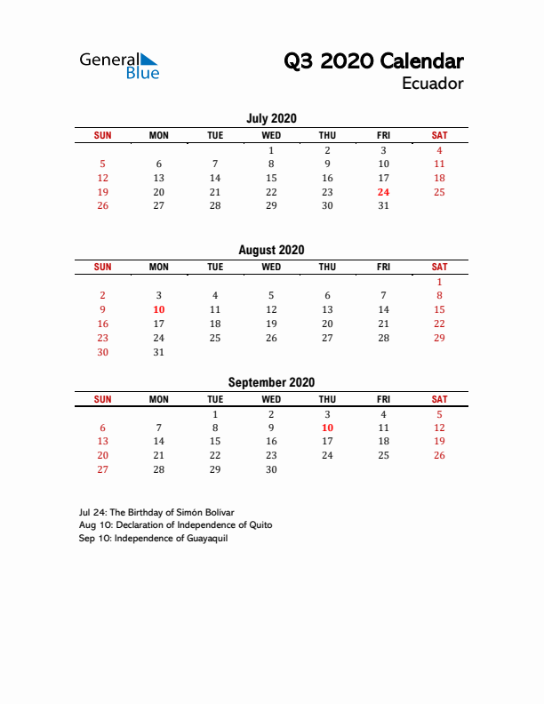 2020 Q3 Calendar with Holidays List for Ecuador