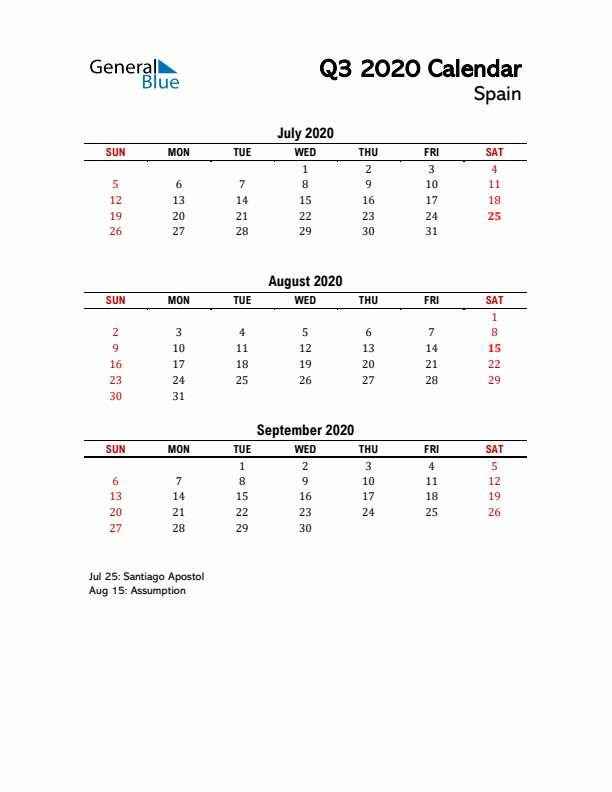 2020 Q3 Calendar with Holidays List for Spain