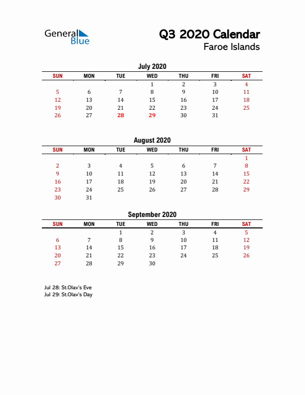 2020 Q3 Calendar with Holidays List for Faroe Islands