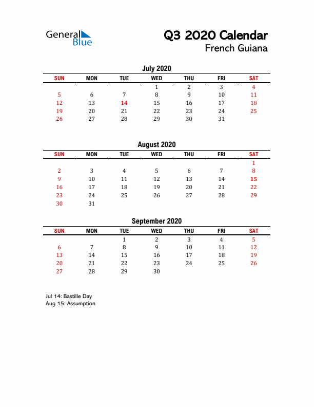 2020 Q3 Calendar with Holidays List for French Guiana