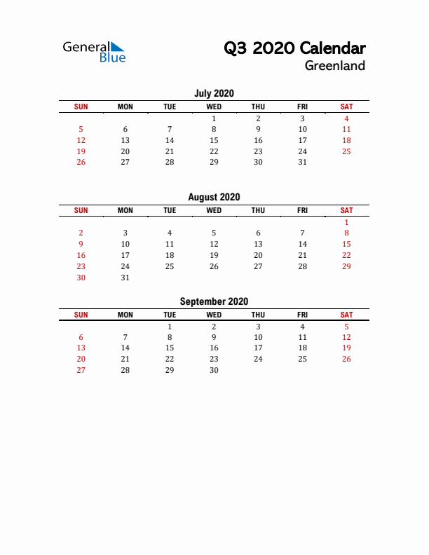 2020 Q3 Calendar with Holidays List for Greenland