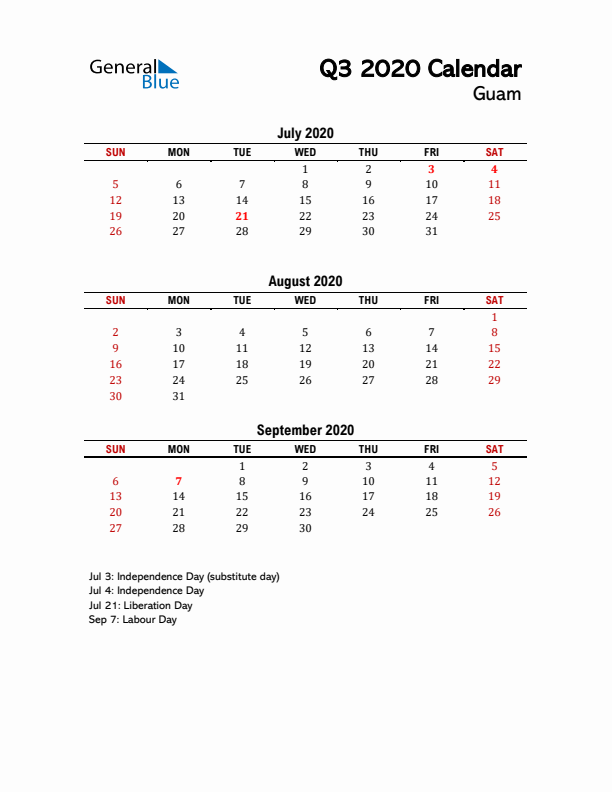 2020 Q3 Calendar with Holidays List for Guam