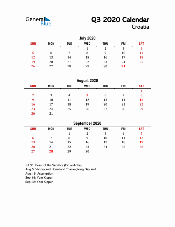 2020 Q3 Calendar with Holidays List for Croatia