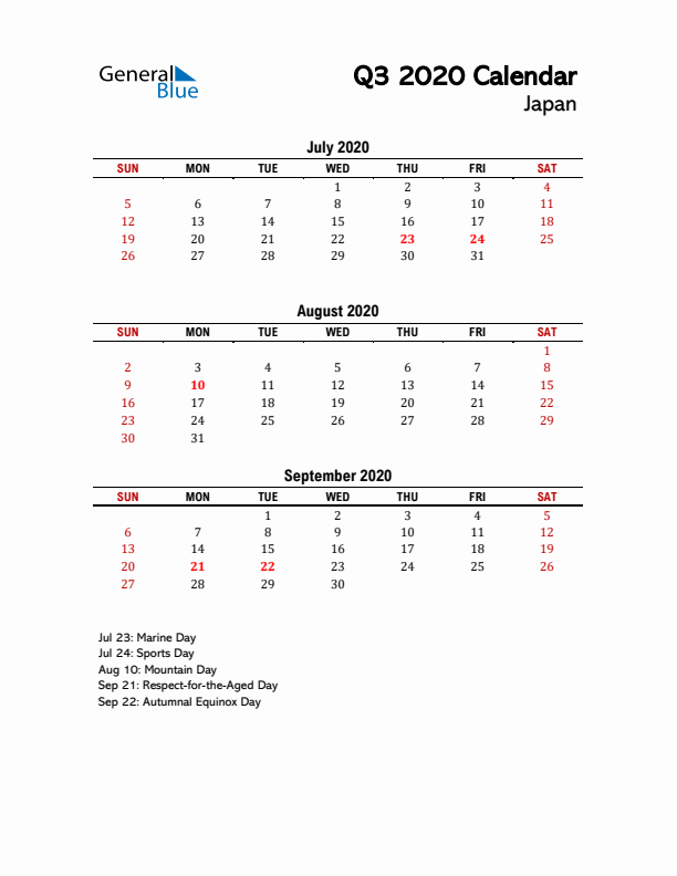 2020 Q3 Calendar with Holidays List for Japan