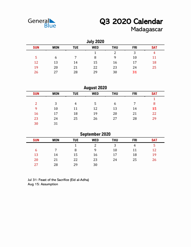 2020 Q3 Calendar with Holidays List for Madagascar