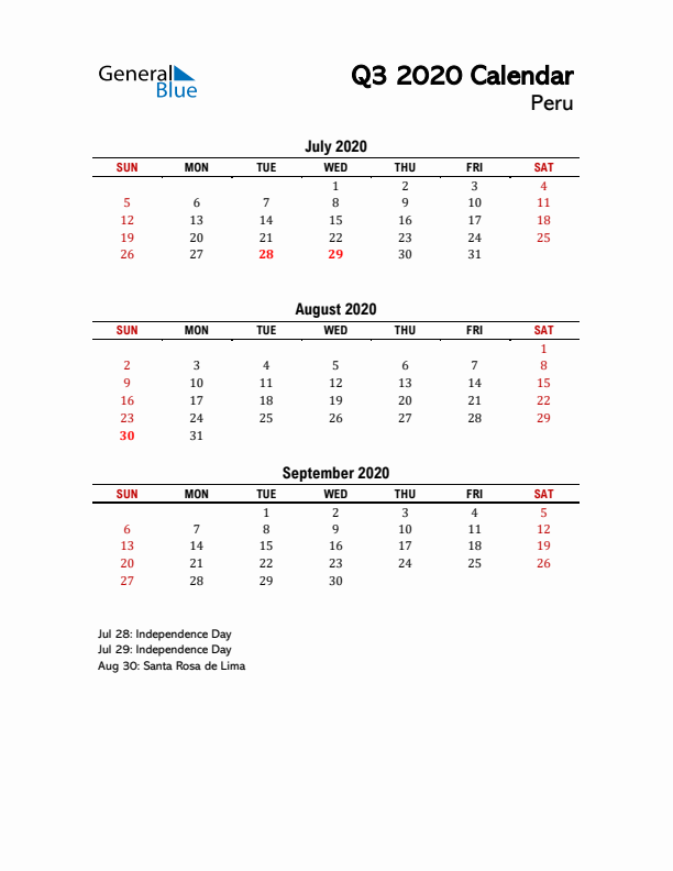 2020 Q3 Calendar with Holidays List for Peru