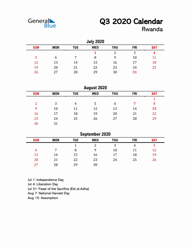 2020 Q3 Calendar with Holidays List for Rwanda