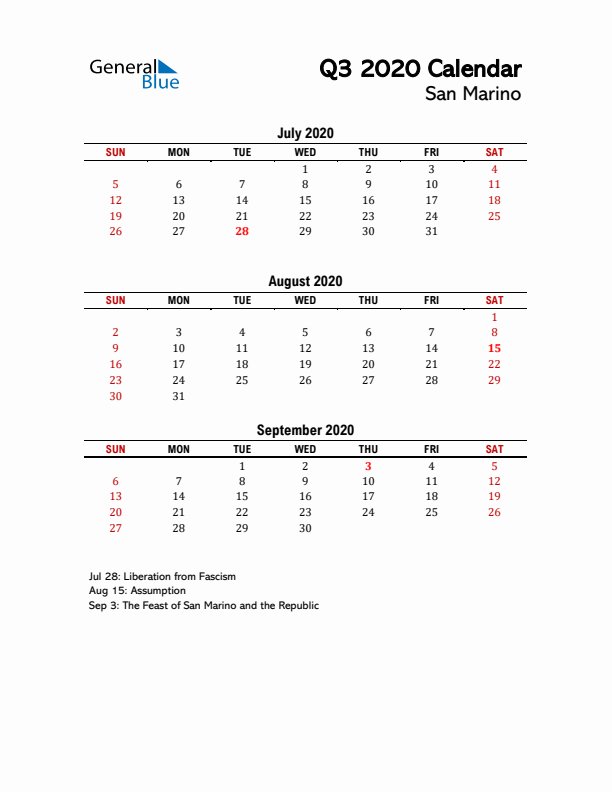 2020 Q3 Calendar with Holidays List for San Marino