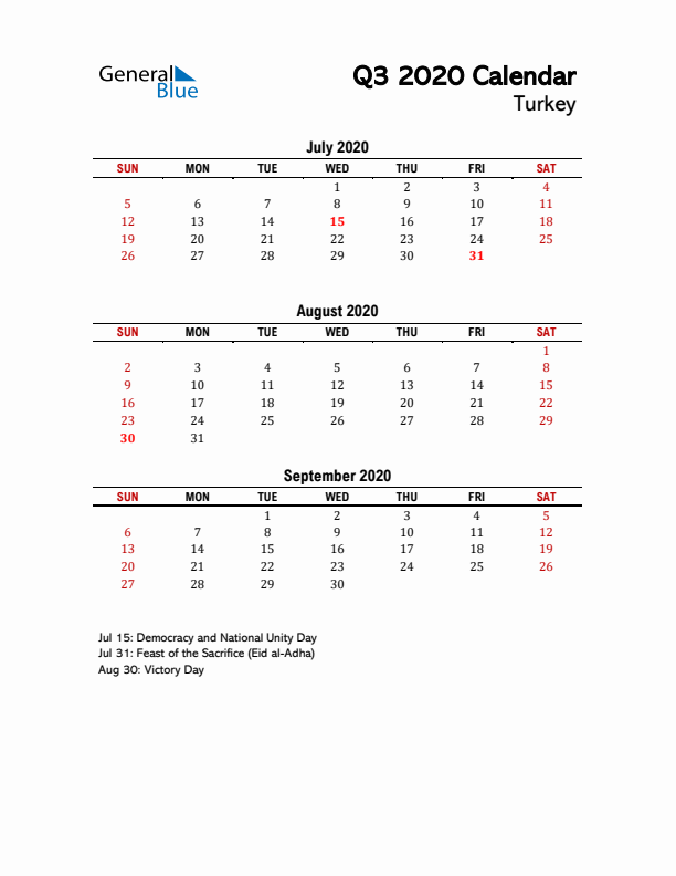 2020 Q3 Calendar with Holidays List for Turkey