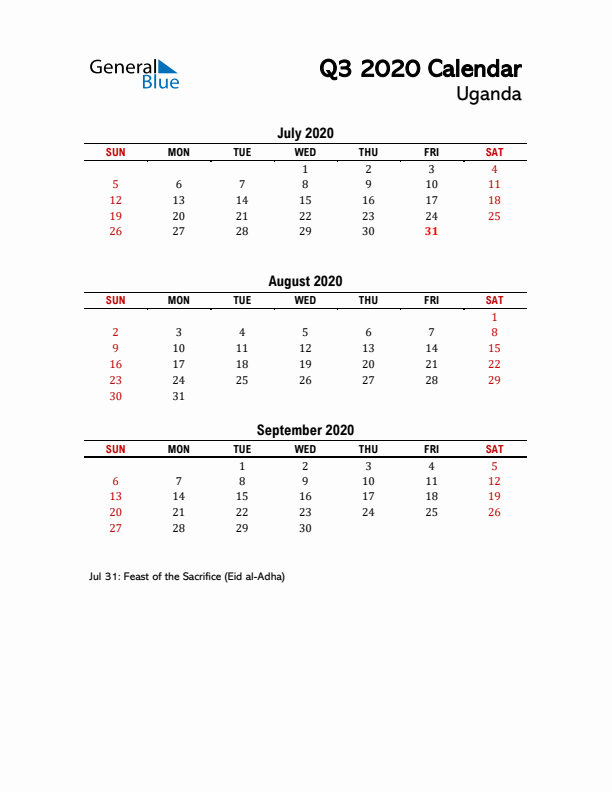 2020 Q3 Calendar with Holidays List for Uganda