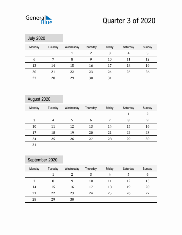 July, August, and September Calendar 2020