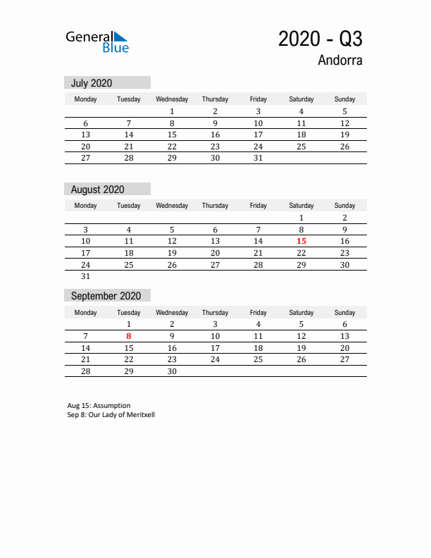 Andorra Quarter 3 2020 Calendar with Holidays