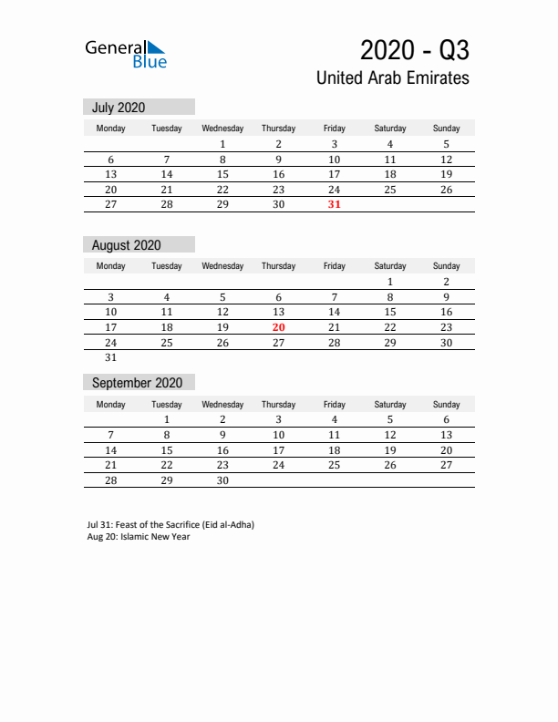 United Arab Emirates Quarter 3 2020 Calendar with Holidays