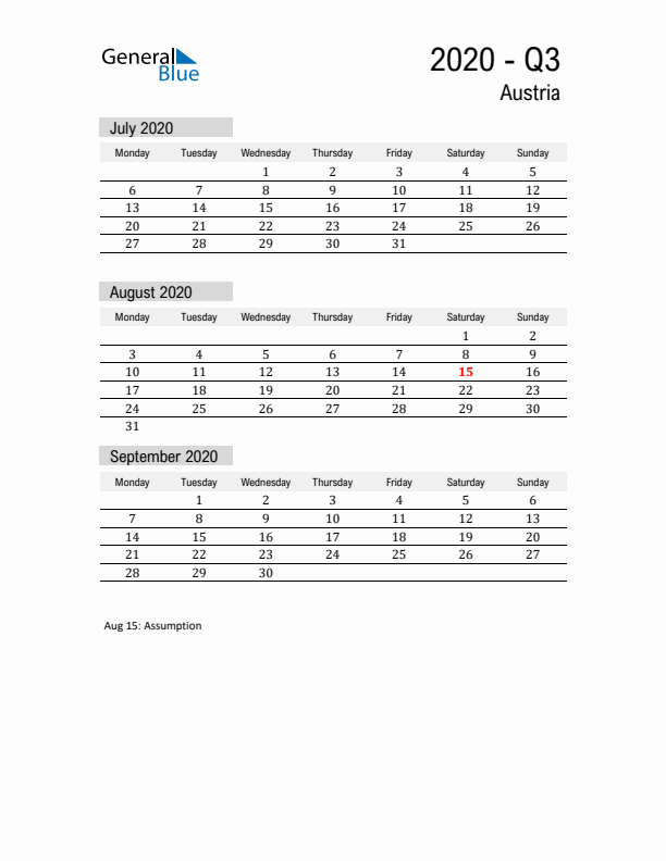 Austria Quarter 3 2020 Calendar with Holidays