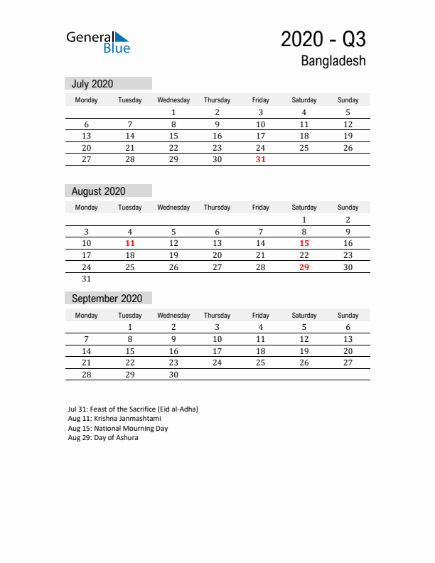 Bangladesh Quarter 3 2020 Calendar with Holidays