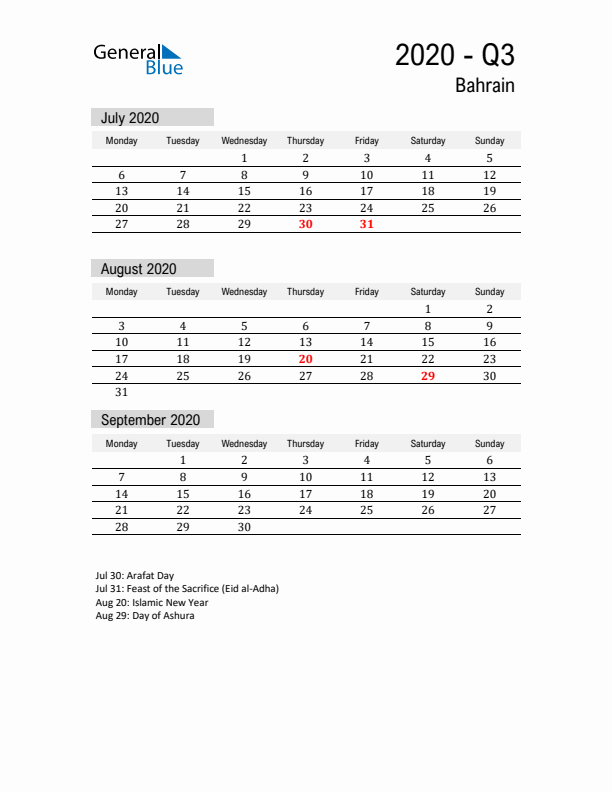 Bahrain Quarter 3 2020 Calendar with Holidays