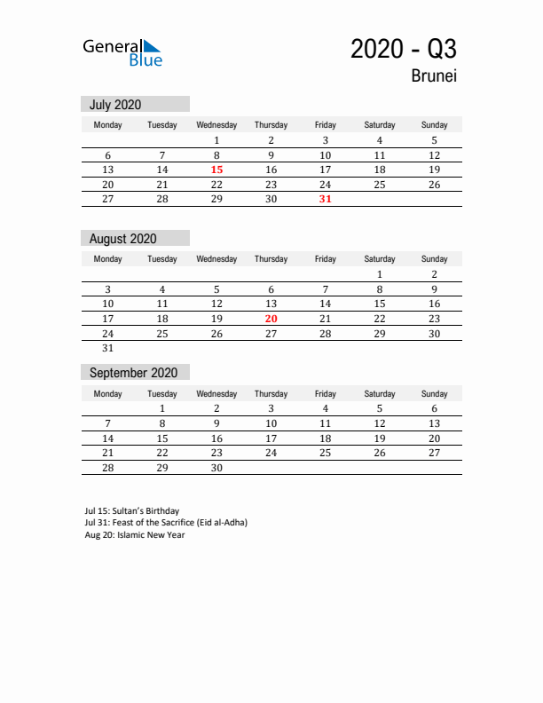 Brunei Quarter 3 2020 Calendar with Holidays