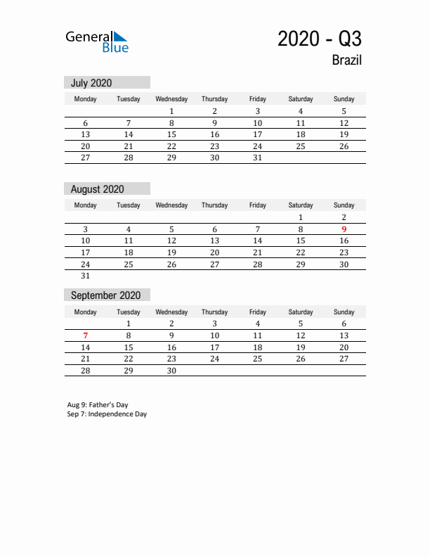 Brazil Quarter 3 2020 Calendar with Holidays