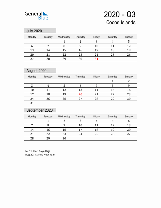 Cocos Islands Quarter 3 2020 Calendar with Holidays