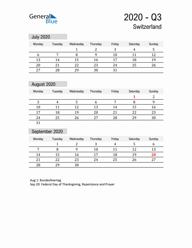 Switzerland Quarter 3 2020 Calendar with Holidays