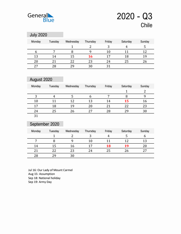 Chile Quarter 3 2020 Calendar with Holidays