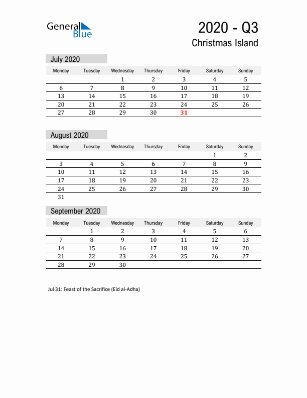 Christmas Island Quarter 3 2020 Calendar with Holidays