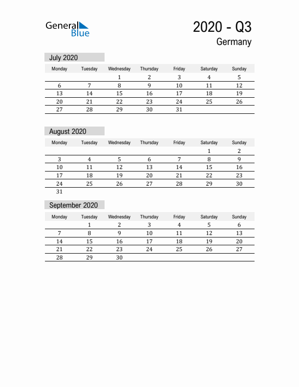 Germany Quarter 3 2020 Calendar with Holidays