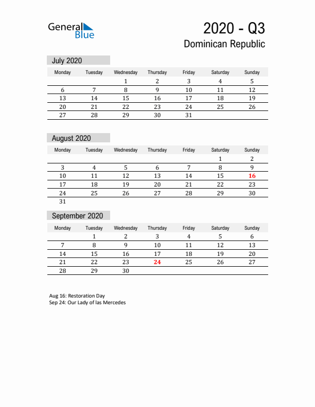 Dominican Republic Quarter 3 2020 Calendar with Holidays