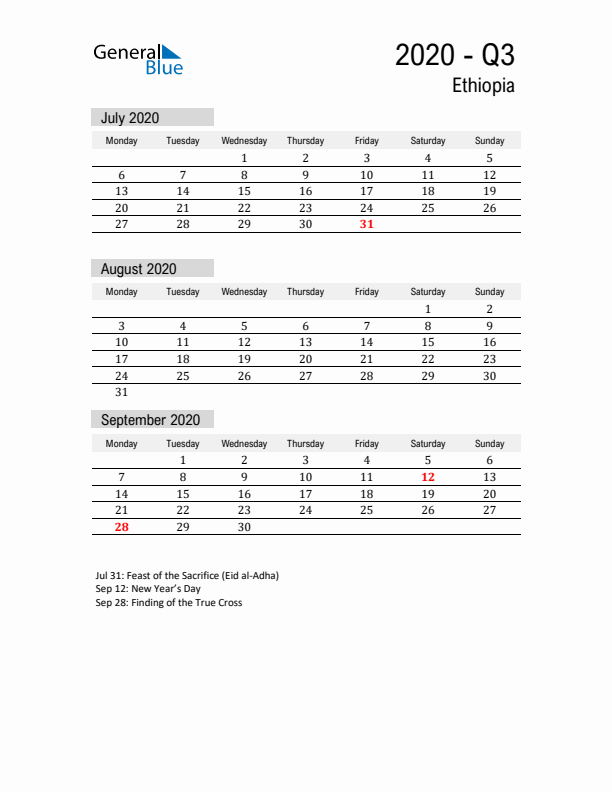 Ethiopia Quarter 3 2020 Calendar with Holidays