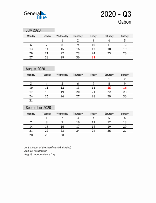 Gabon Quarter 3 2020 Calendar with Holidays