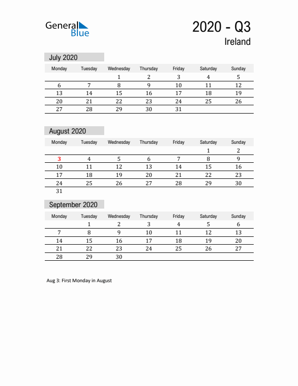 Ireland Quarter 3 2020 Calendar with Holidays