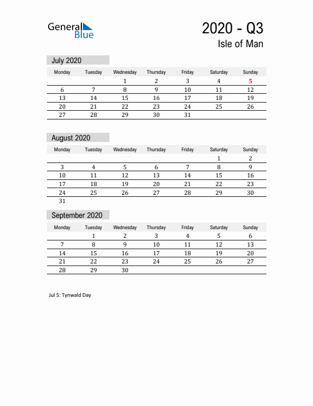 Isle of Man Quarter 3 2020 Calendar with Holidays