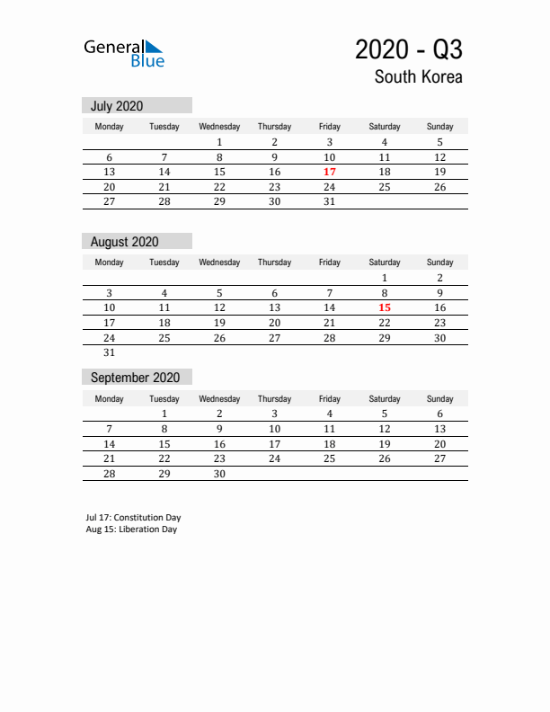 South Korea Quarter 3 2020 Calendar with Holidays