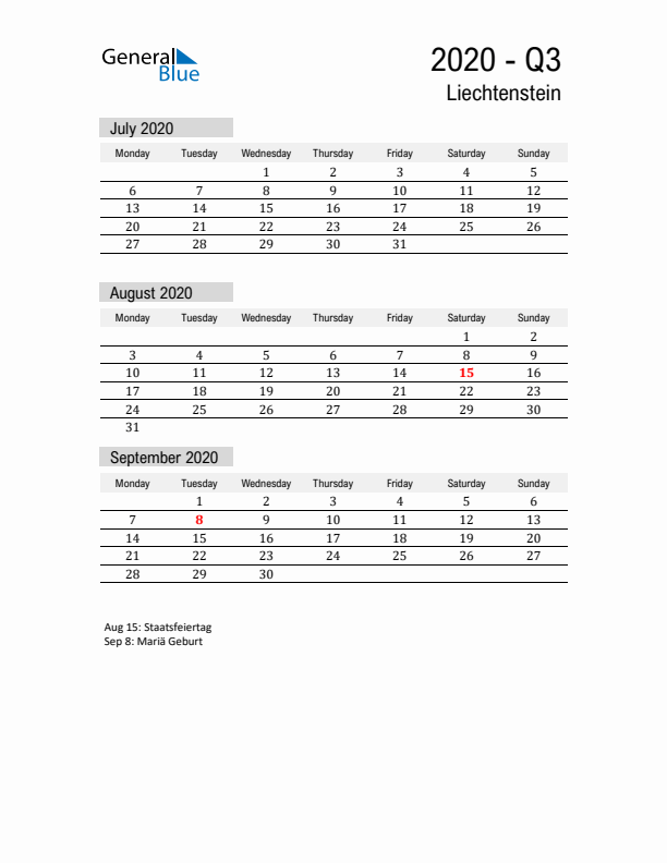 Liechtenstein Quarter 3 2020 Calendar with Holidays