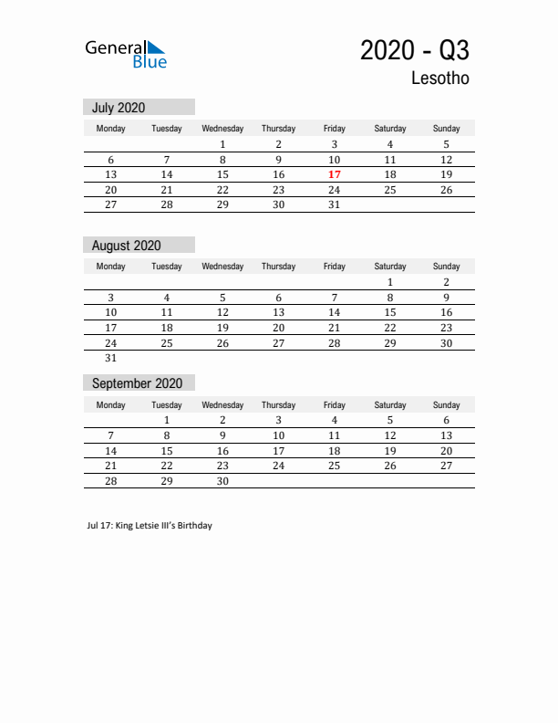 Lesotho Quarter 3 2020 Calendar with Holidays