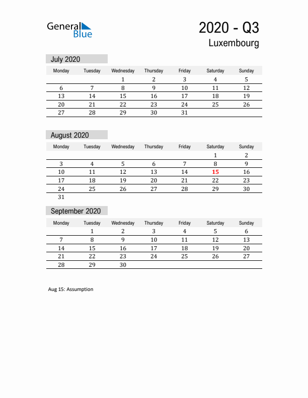 Luxembourg Quarter 3 2020 Calendar with Holidays