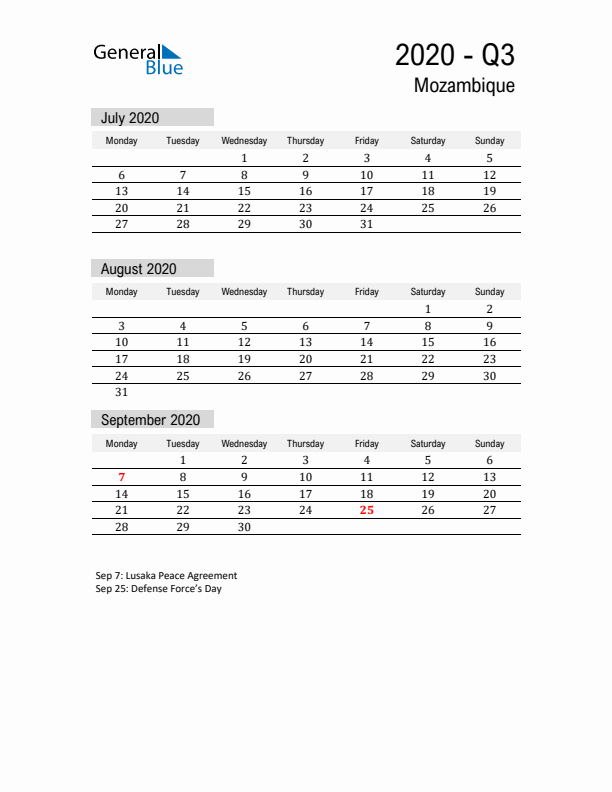 Mozambique Quarter 3 2020 Calendar with Holidays