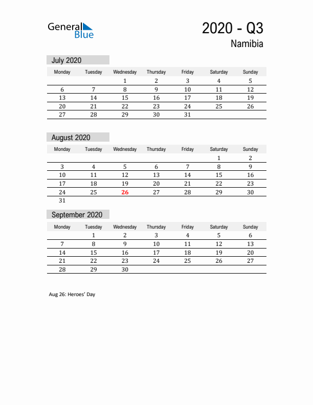 Namibia Quarter 3 2020 Calendar with Holidays