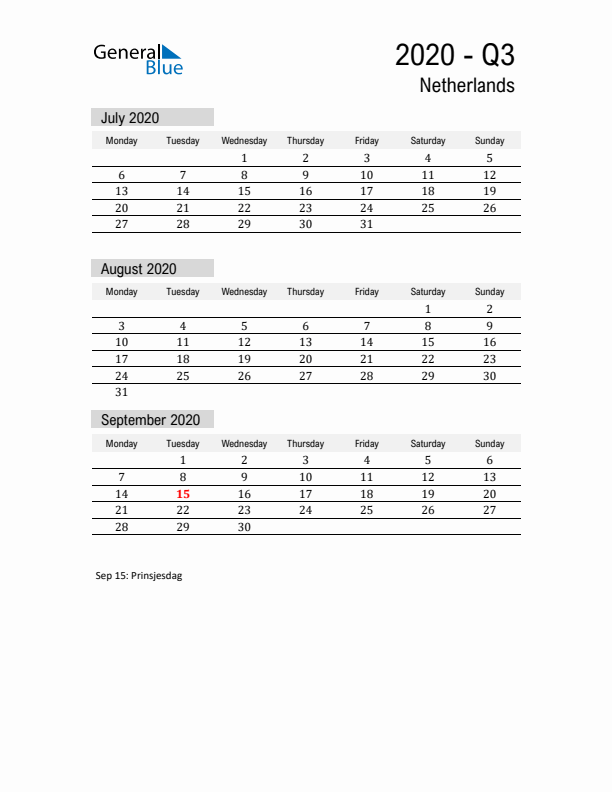 The Netherlands Quarter 3 2020 Calendar with Holidays