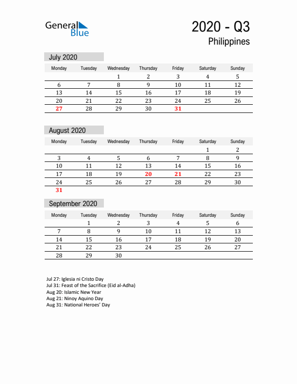 Philippines Quarter 3 2020 Calendar with Holidays