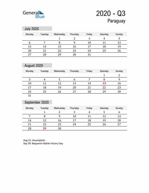 Paraguay Quarter 3 2020 Calendar with Holidays