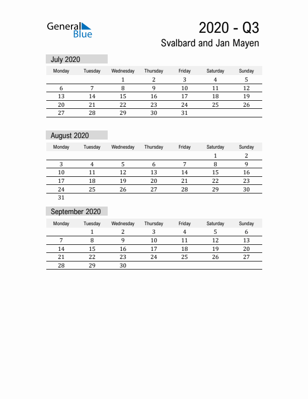 Svalbard and Jan Mayen Quarter 3 2020 Calendar with Holidays