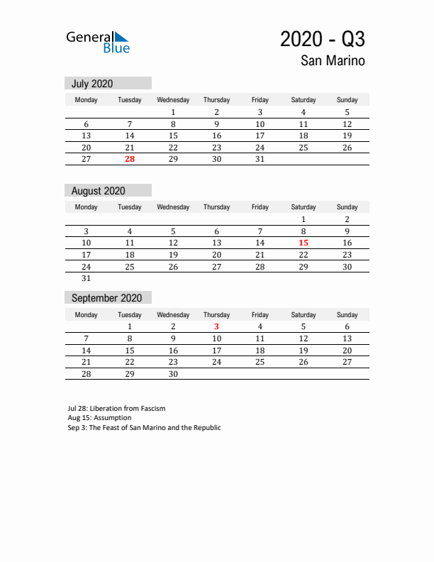 San Marino Quarter 3 2020 Calendar with Holidays