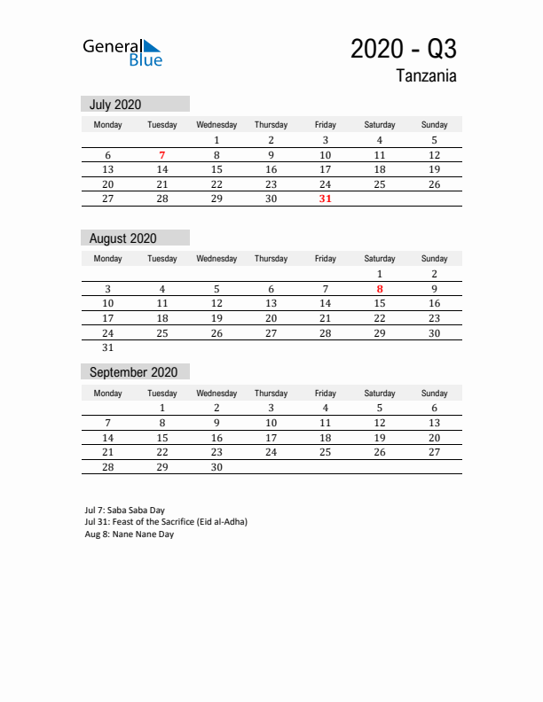 Tanzania Quarter 3 2020 Calendar with Holidays