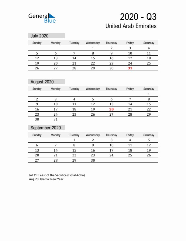 United Arab Emirates Quarter 3 2020 Calendar with Holidays