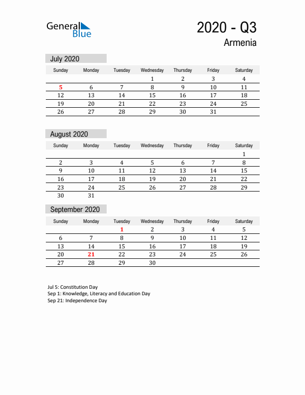 Armenia Quarter 3 2020 Calendar with Holidays