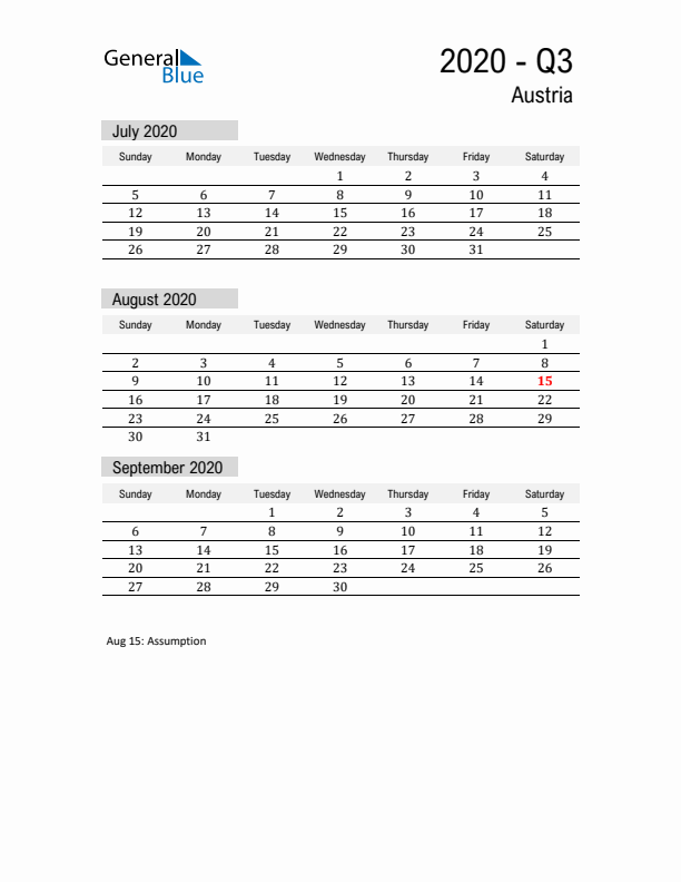 Austria Quarter 3 2020 Calendar with Holidays